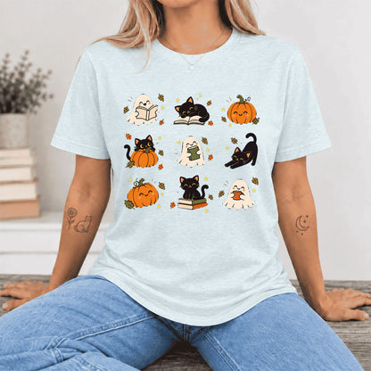 Halloween Cats, Ghosts, And Pumpkins Ultra-Soft Cotton T-Shirt | Gift Heather Ice Blue