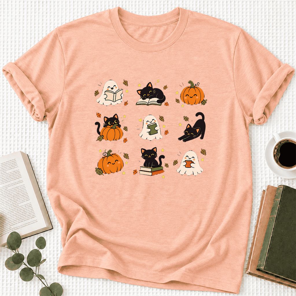 Halloween Cats, Ghosts, And Pumpkins Ultra-Soft Cotton T-Shirt | Gift Heather Peach