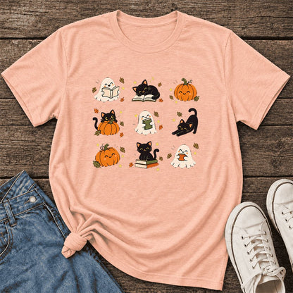 Halloween Cats, Ghosts, And Pumpkins Ultra-Soft Cotton T-Shirt | Gift Heather Peach