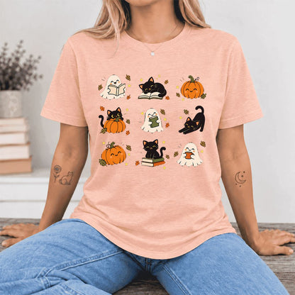 Halloween Cats, Ghosts, And Pumpkins Ultra-Soft Cotton T-Shirt | Gift Heather Peach