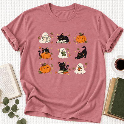 Halloween Cats, Ghosts, And Pumpkins Ultra-Soft Cotton T-Shirt | Gift Mauve