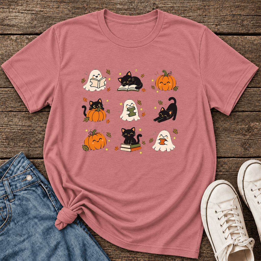 Halloween Cats, Ghosts, And Pumpkins Ultra-Soft Cotton T-Shirt | Gift Mauve