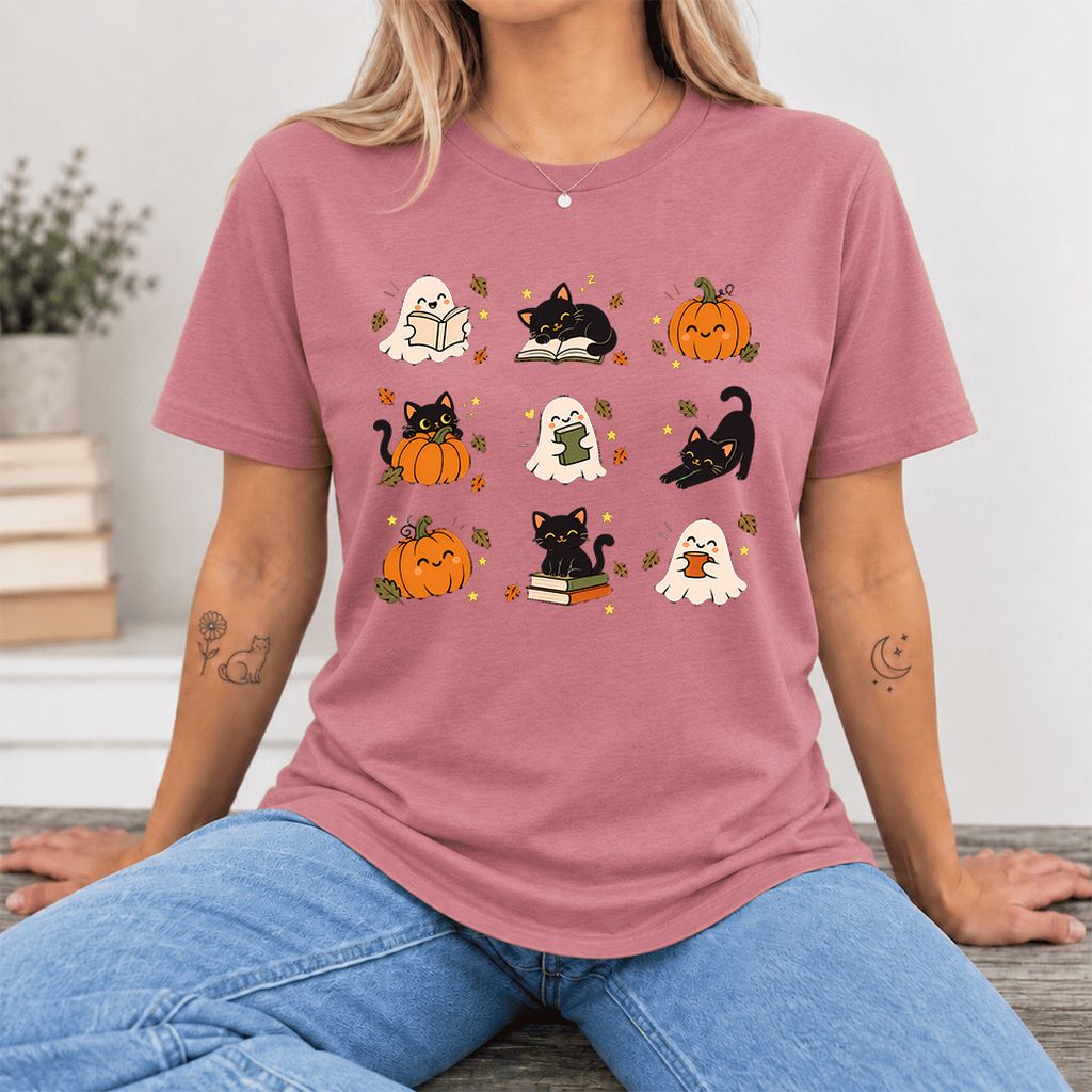 Halloween Cats, Ghosts, And Pumpkins Ultra-Soft Cotton T-Shirt | Gift Mauve