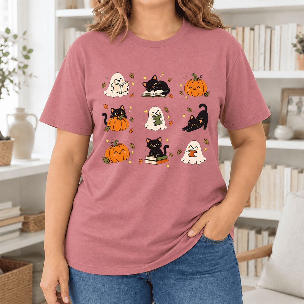 Halloween Cats, Ghosts, And Pumpkins Ultra-Soft Cotton T-Shirt | Gift Mauve