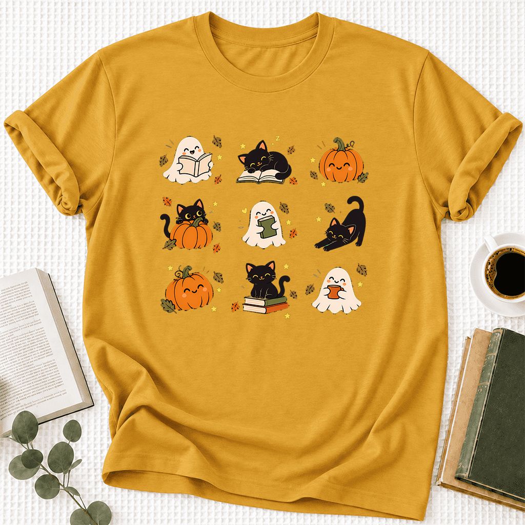 Halloween Cats, Ghosts, And Pumpkins Ultra-Soft Cotton T-Shirt | Gift Mustard