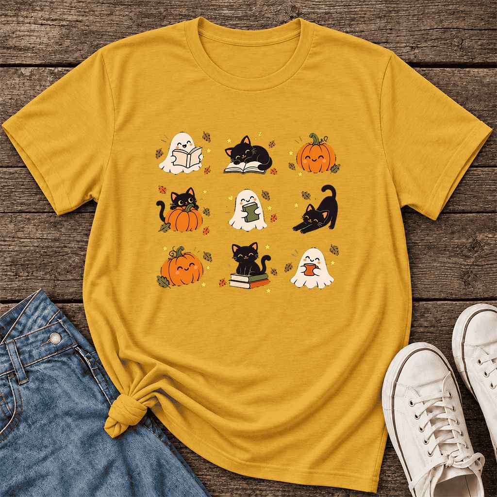 Halloween Cats, Ghosts, And Pumpkins Ultra-Soft Cotton T-Shirt | Gift Mustard