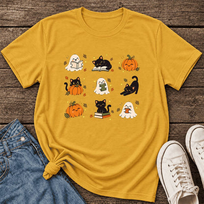 Halloween Cats, Ghosts, And Pumpkins Ultra-Soft Cotton T-Shirt | Gift Mustard