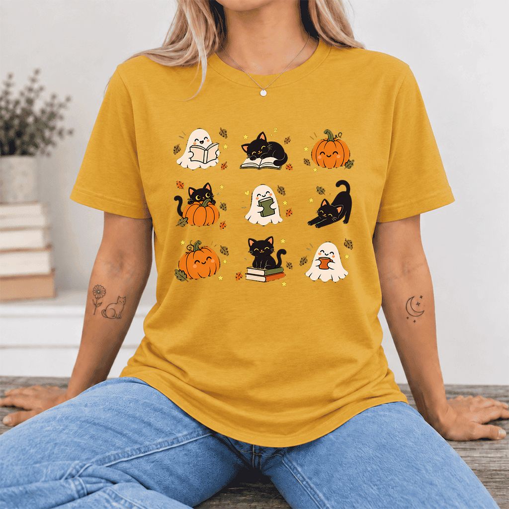 Halloween Cats, Ghosts, And Pumpkins Ultra-Soft Cotton T-Shirt | Gift Mustard