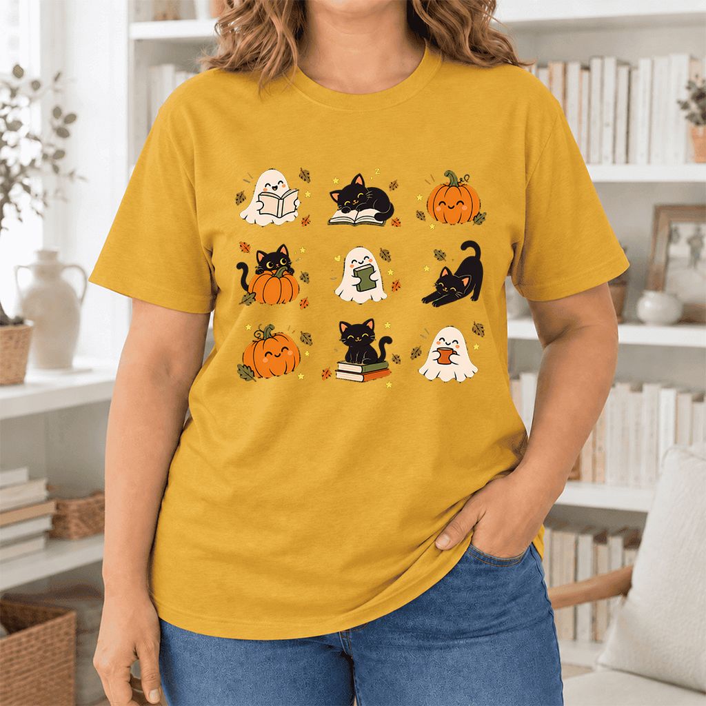 Halloween Cats, Ghosts, And Pumpkins Ultra-Soft Cotton T-Shirt | Gift Mustard