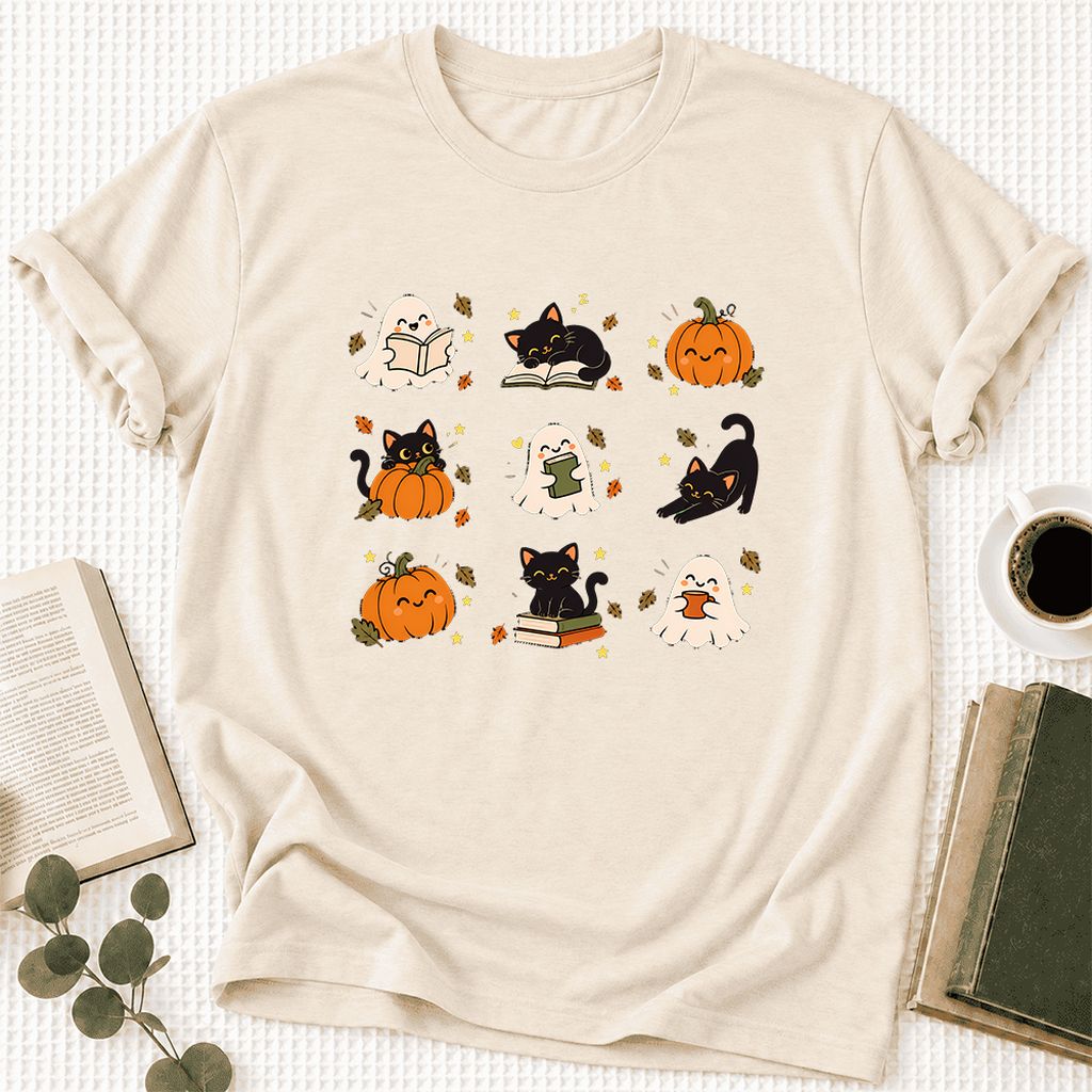 Halloween Cats, Ghosts, And Pumpkins Ultra-Soft Cotton T-Shirt | Gift Natural