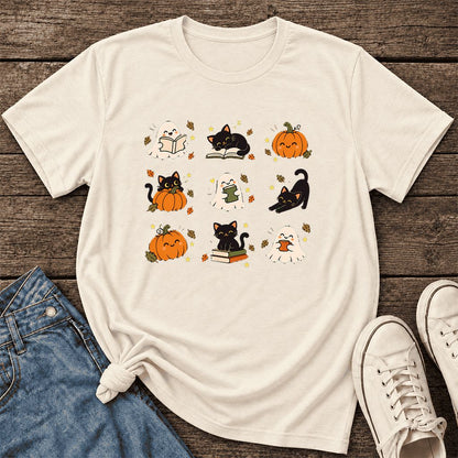Halloween Cats, Ghosts, And Pumpkins Ultra-Soft Cotton T-Shirt | Gift Natural