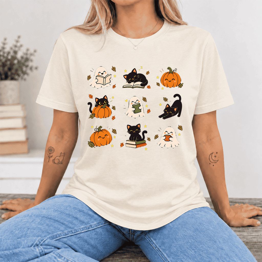 Halloween Cats, Ghosts, And Pumpkins Ultra-Soft Cotton T-Shirt | Gift Natural