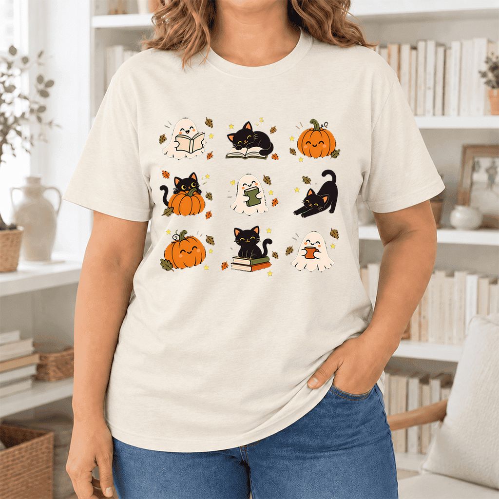 Halloween Cats, Ghosts, And Pumpkins Ultra-Soft Cotton T-Shirt | Gift Natural