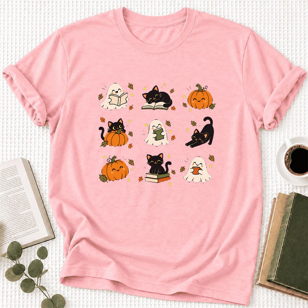 Halloween Cats, Ghosts, And Pumpkins Ultra-Soft Cotton T-Shirt | Gift Pink