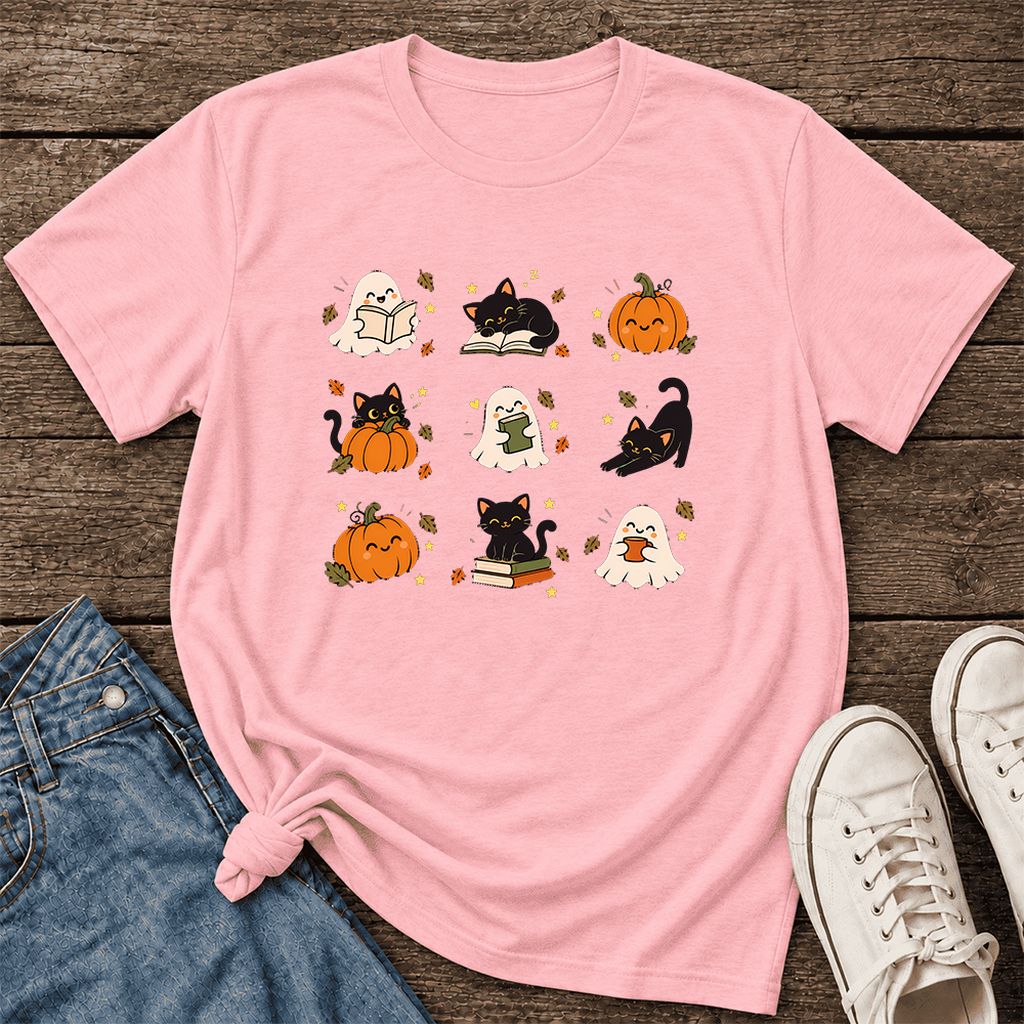 Halloween Cats, Ghosts, And Pumpkins Ultra-Soft Cotton T-Shirt | Gift Pink