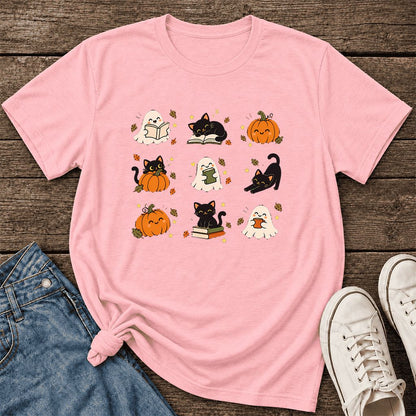 Halloween Cats, Ghosts, And Pumpkins Ultra-Soft Cotton T-Shirt | Gift Pink