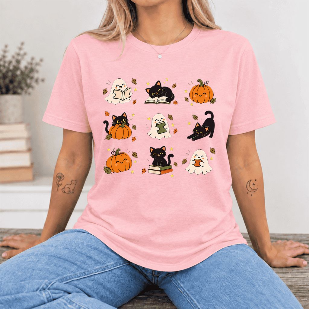 Halloween Cats, Ghosts, And Pumpkins Ultra-Soft Cotton T-Shirt | Gift Pink