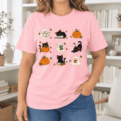 Halloween Cats, Ghosts, And Pumpkins Ultra-Soft Cotton T-Shirt | Gift Pink