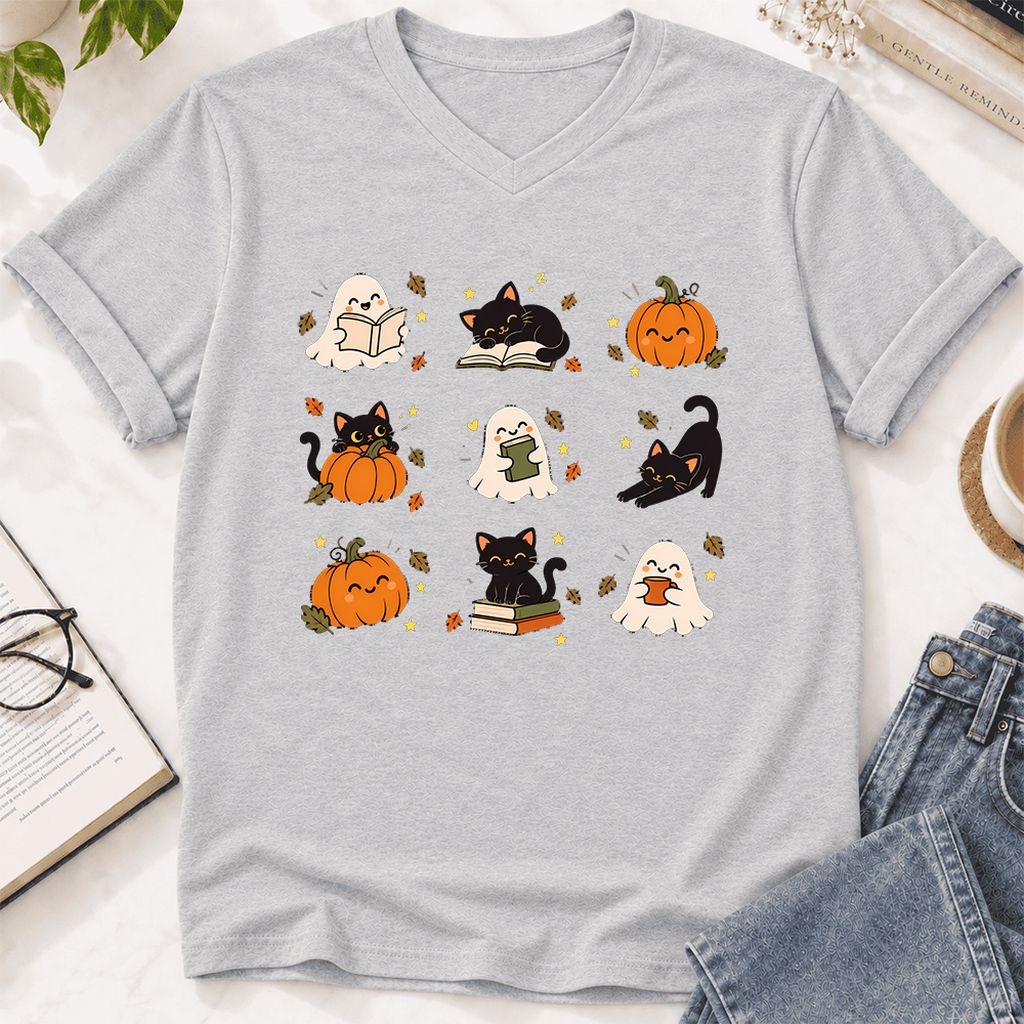 Halloween Cats, Ghosts, And Pumpkins Ultra-Soft V-Neck | Cozy Bookish Fall Gift Ash