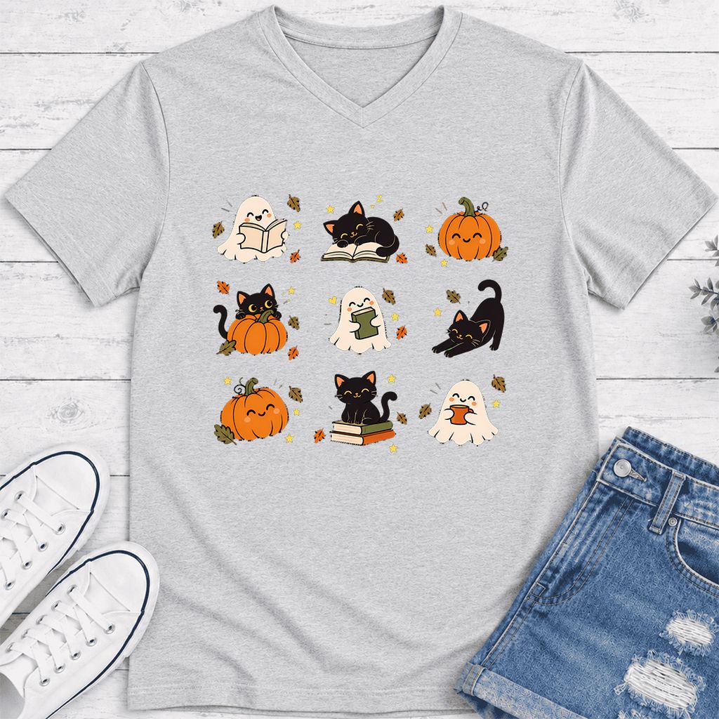 Halloween Cats, Ghosts, And Pumpkins Ultra-Soft V-Neck | Cozy Bookish Fall Gift Ash