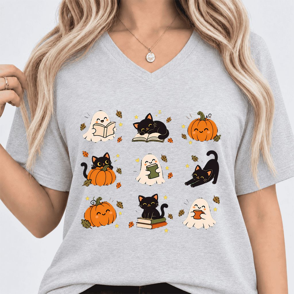 Halloween Cats, Ghosts, And Pumpkins Ultra-Soft V-Neck | Cozy Bookish Fall Gift Ash