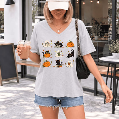 Halloween Cats, Ghosts, And Pumpkins Ultra-Soft V-Neck | Cozy Bookish Fall Gift Ash