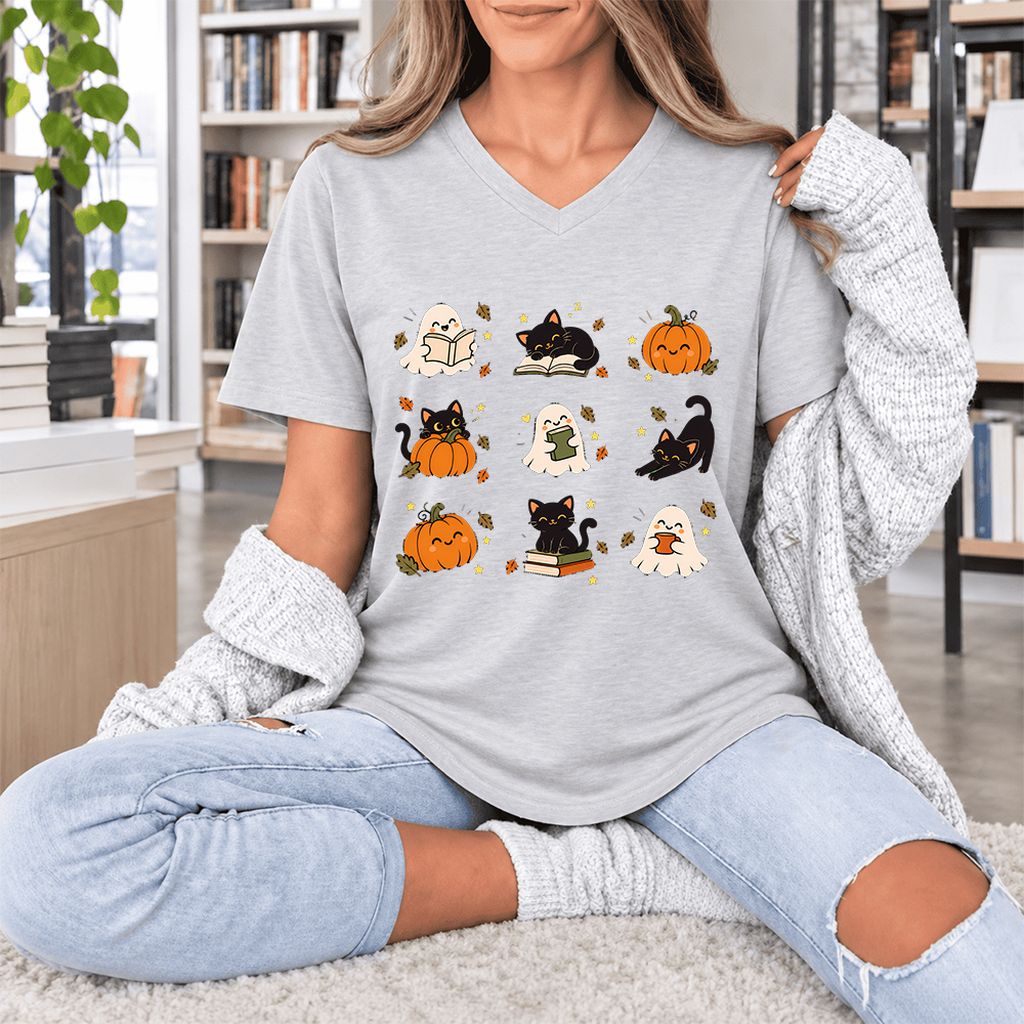 Halloween Cats, Ghosts, And Pumpkins Ultra-Soft V-Neck | Cozy Bookish Fall Gift Ash