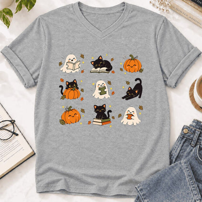 Halloween Cats, Ghosts, And Pumpkins Ultra-Soft V-Neck | Cozy Bookish Fall Gift Athletic Heather