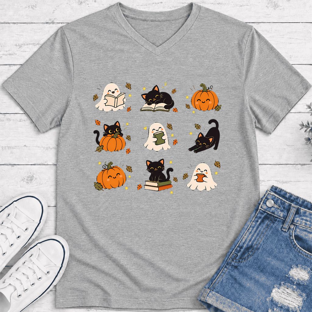 Halloween Cats, Ghosts, And Pumpkins Ultra-Soft V-Neck | Cozy Bookish Fall Gift Athletic Heather
