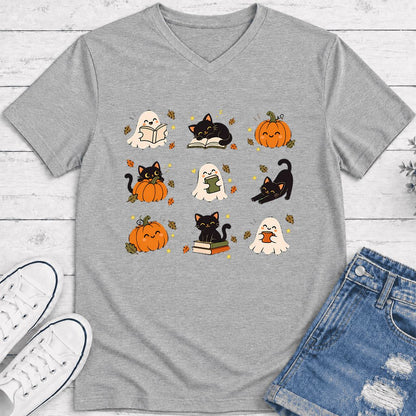 Halloween Cats, Ghosts, And Pumpkins Ultra-Soft V-Neck | Cozy Bookish Fall Gift Athletic Heather