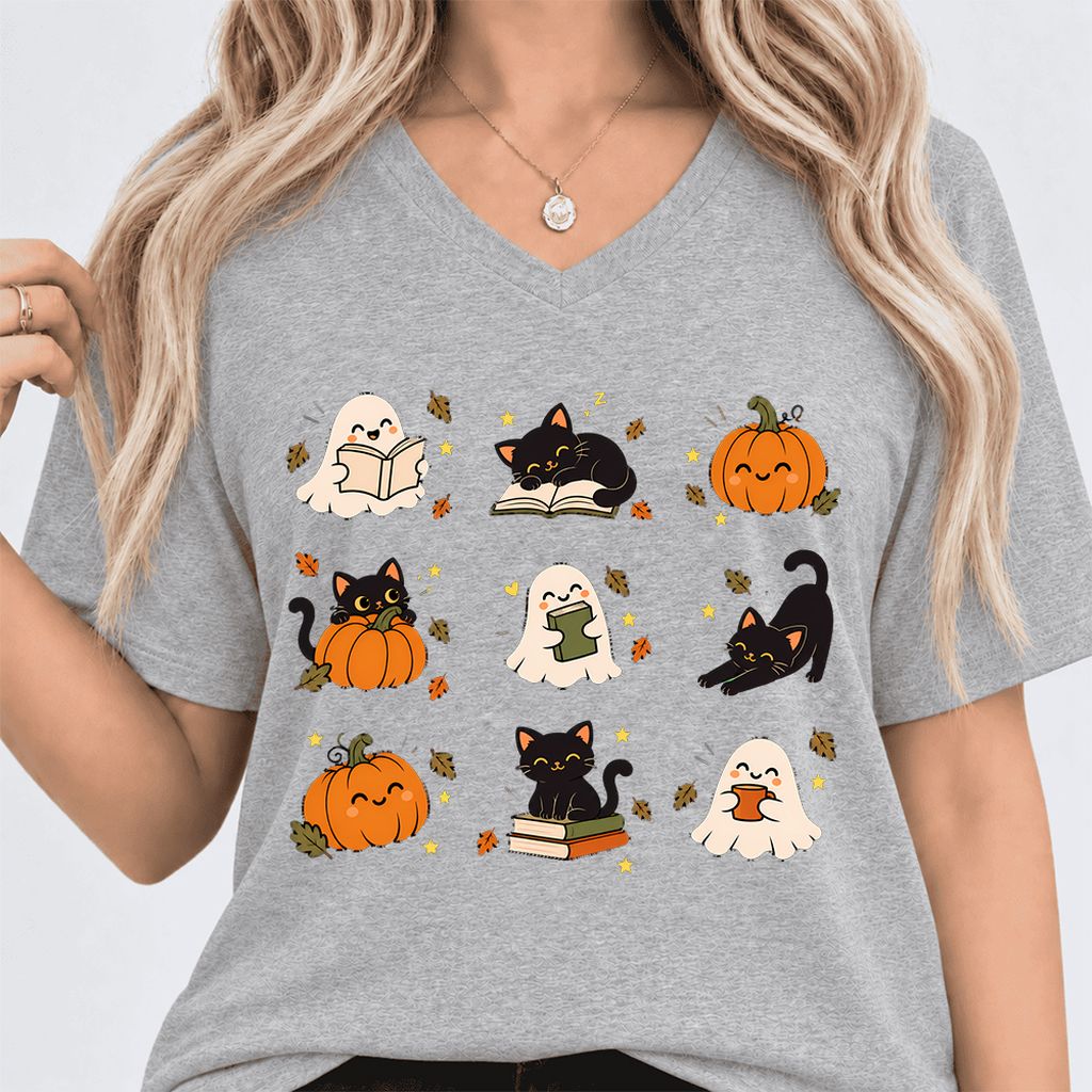 Halloween Cats, Ghosts, And Pumpkins Ultra-Soft V-Neck | Cozy Bookish Fall Gift Athletic Heather