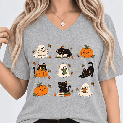 Halloween Cats, Ghosts, And Pumpkins Ultra-Soft V-Neck | Cozy Bookish Fall Gift Athletic Heather
