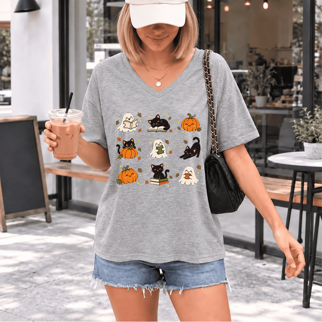 Halloween Cats, Ghosts, And Pumpkins Ultra-Soft V-Neck | Cozy Bookish Fall Gift Athletic Heather
