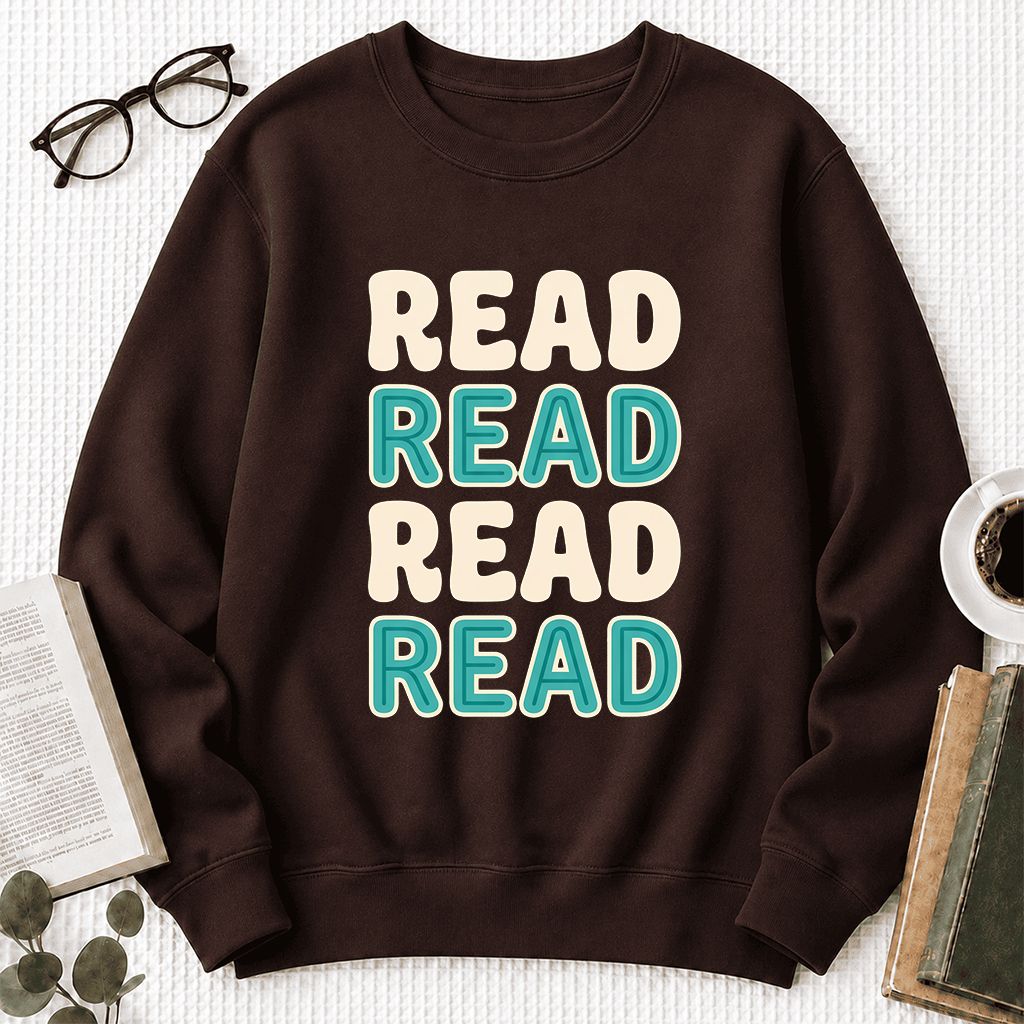 Read Read Read Read Printed Sweatshirt | Simple Book Lover Gift Dark Chocolate