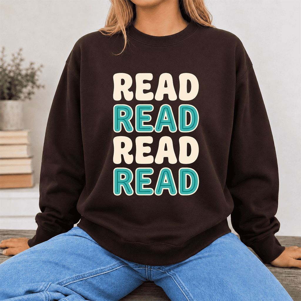 Read Read Read Read Printed Sweatshirt | Simple Book Lover Gift Dark Chocolate