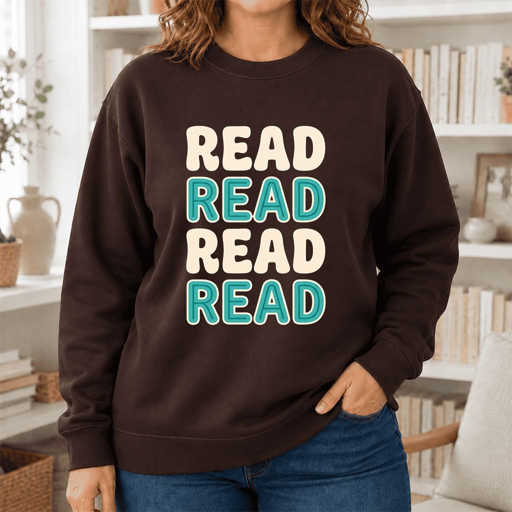 Read Read Read Read Printed Sweatshirt | Simple Book Lover Gift Dark Chocolate