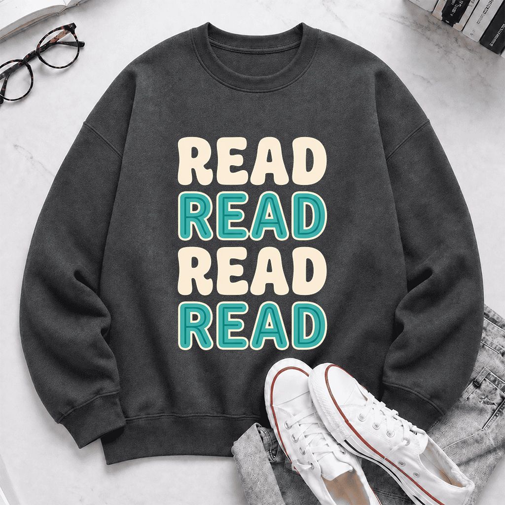 Read Read Read Read Printed Sweatshirt | Simple Book Lover Gift Dark Heather
