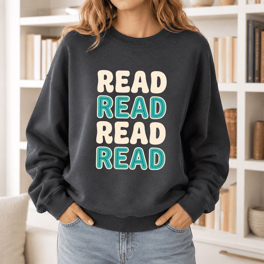 Read Read Read Read Printed Sweatshirt | Simple Book Lover Gift Dark Heather