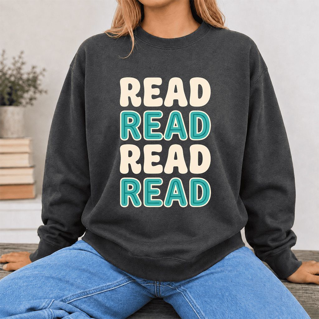 Read Read Read Read Printed Sweatshirt | Simple Book Lover Gift Dark Heather