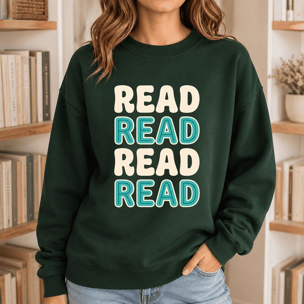 Read Read Read Read Printed Sweatshirt | Simple Book Lover Gift Forest Green