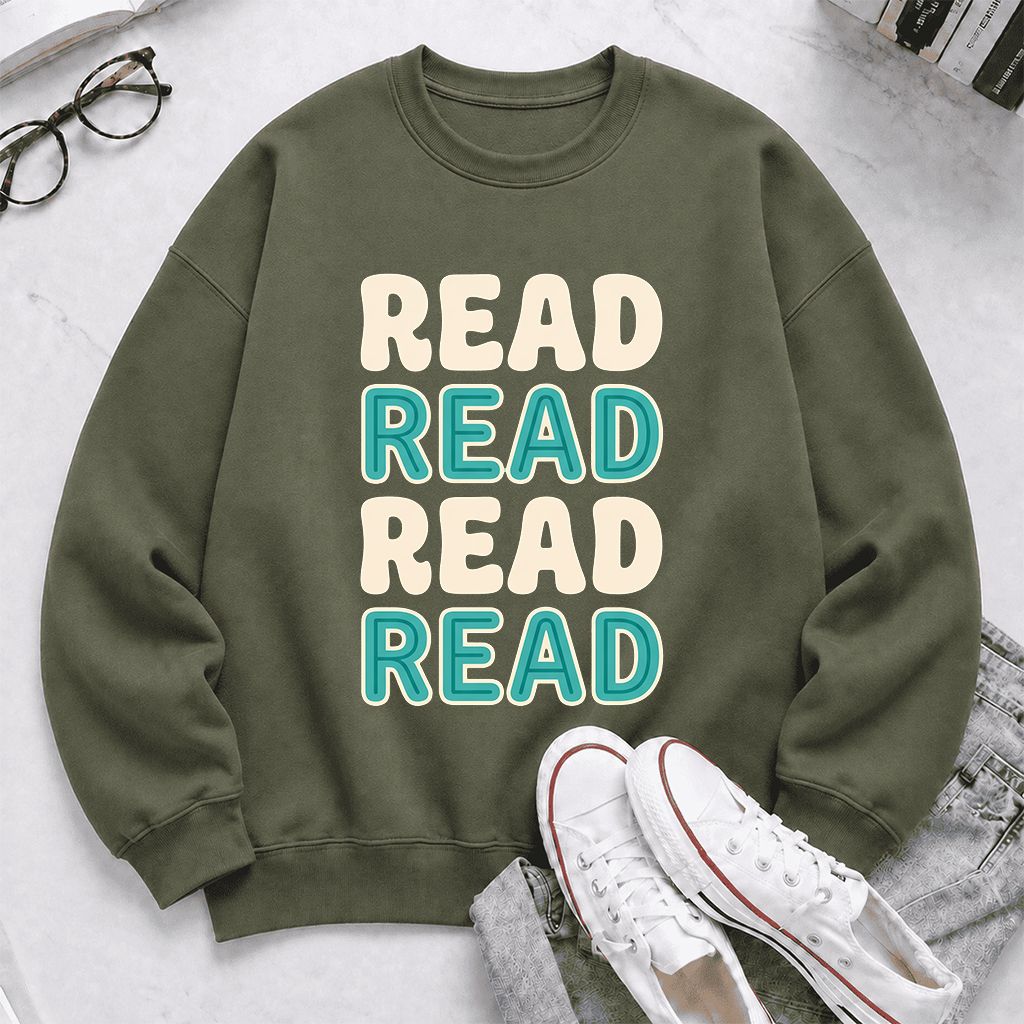 Read Read Read Read Printed Sweatshirt | Simple Book Lover Gift Military Green