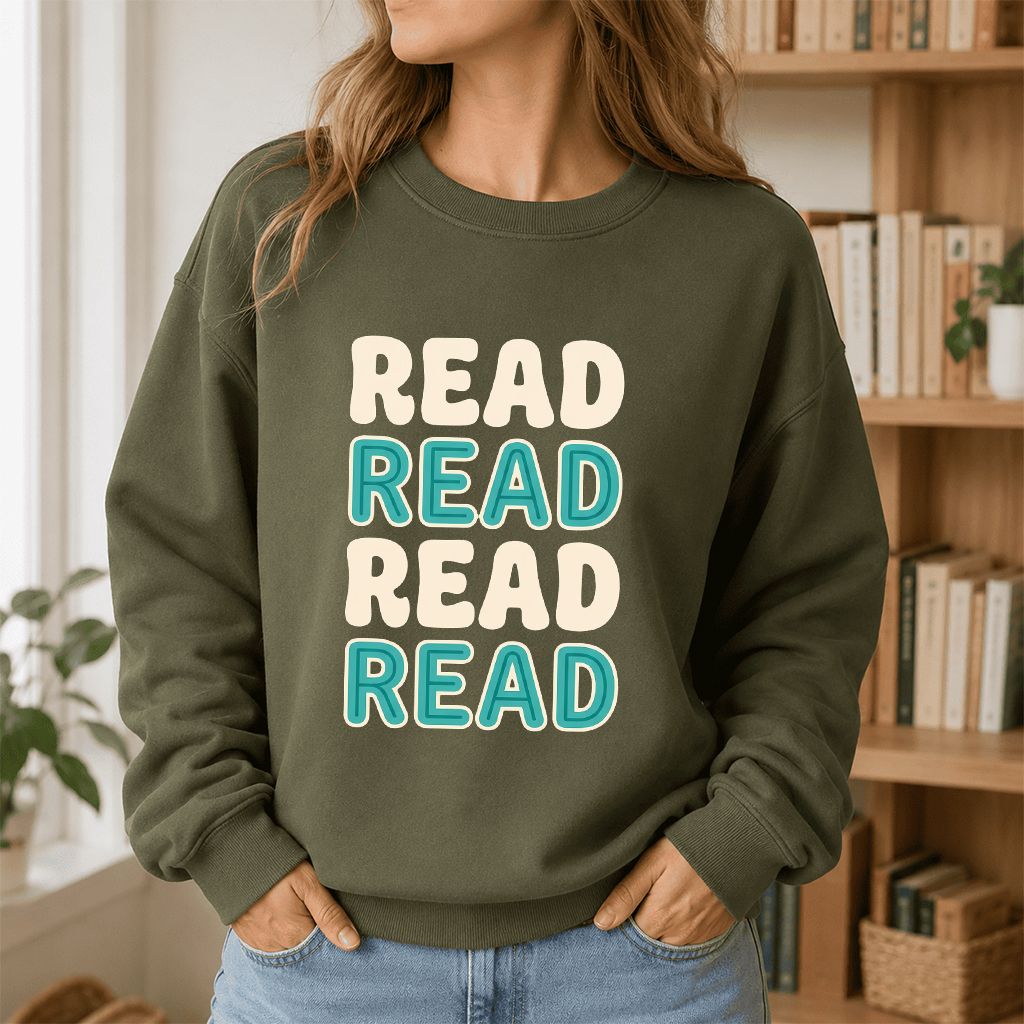 Read Read Read Read Printed Sweatshirt | Simple Book Lover Gift Military Green