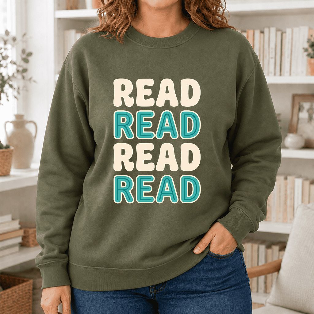 Read Read Read Read Printed Sweatshirt | Simple Book Lover Gift Military Green