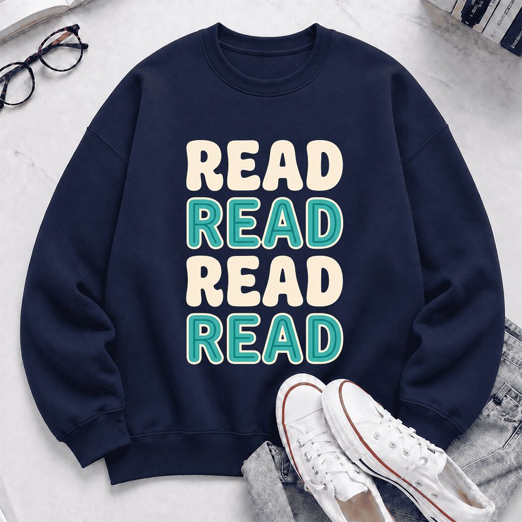 Read Read Read Read Printed Sweatshirt | Simple Book Lover Gift Navy