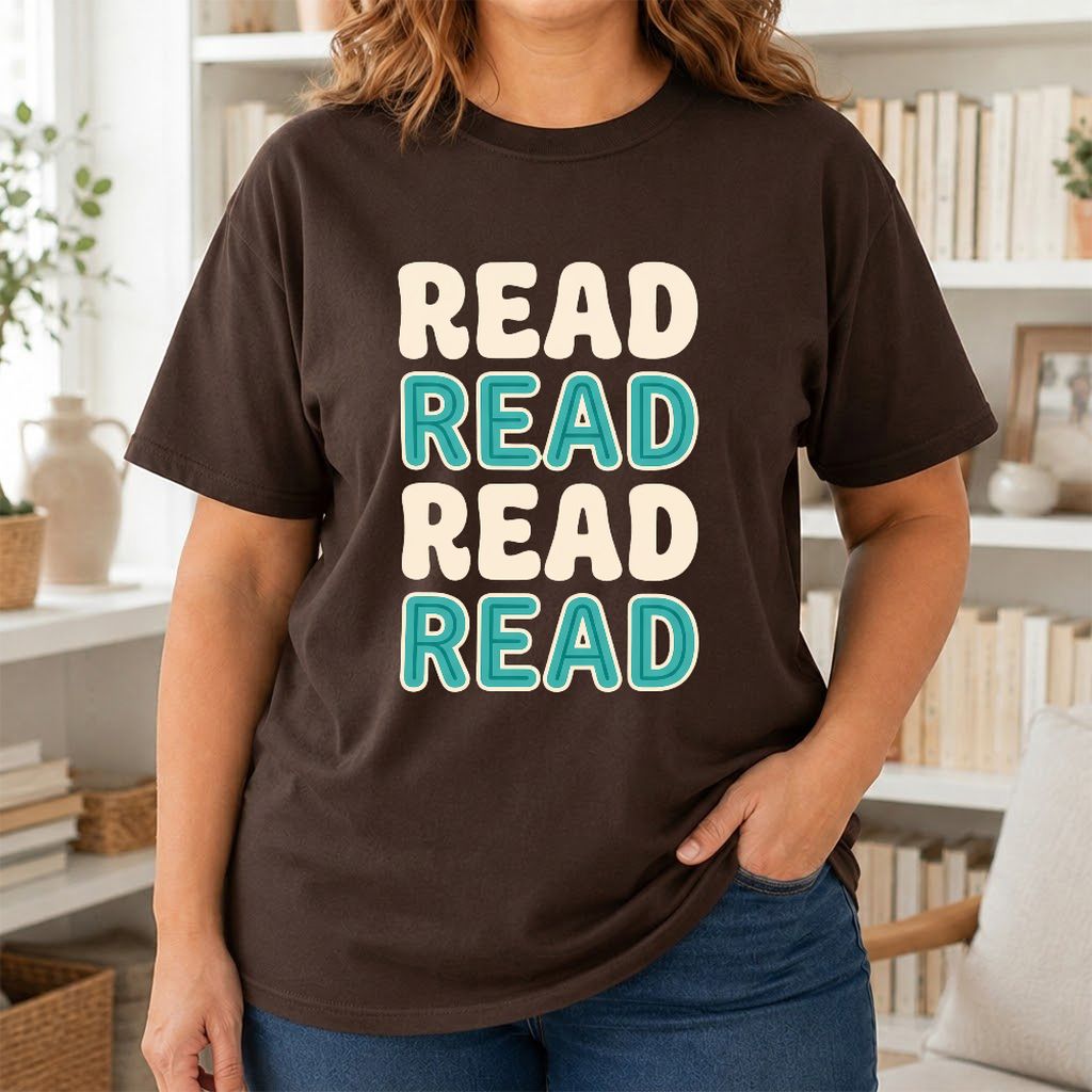 Read Read Read Read Printed T-Shirt | Simple Book Lover Gift Dark Chocolate