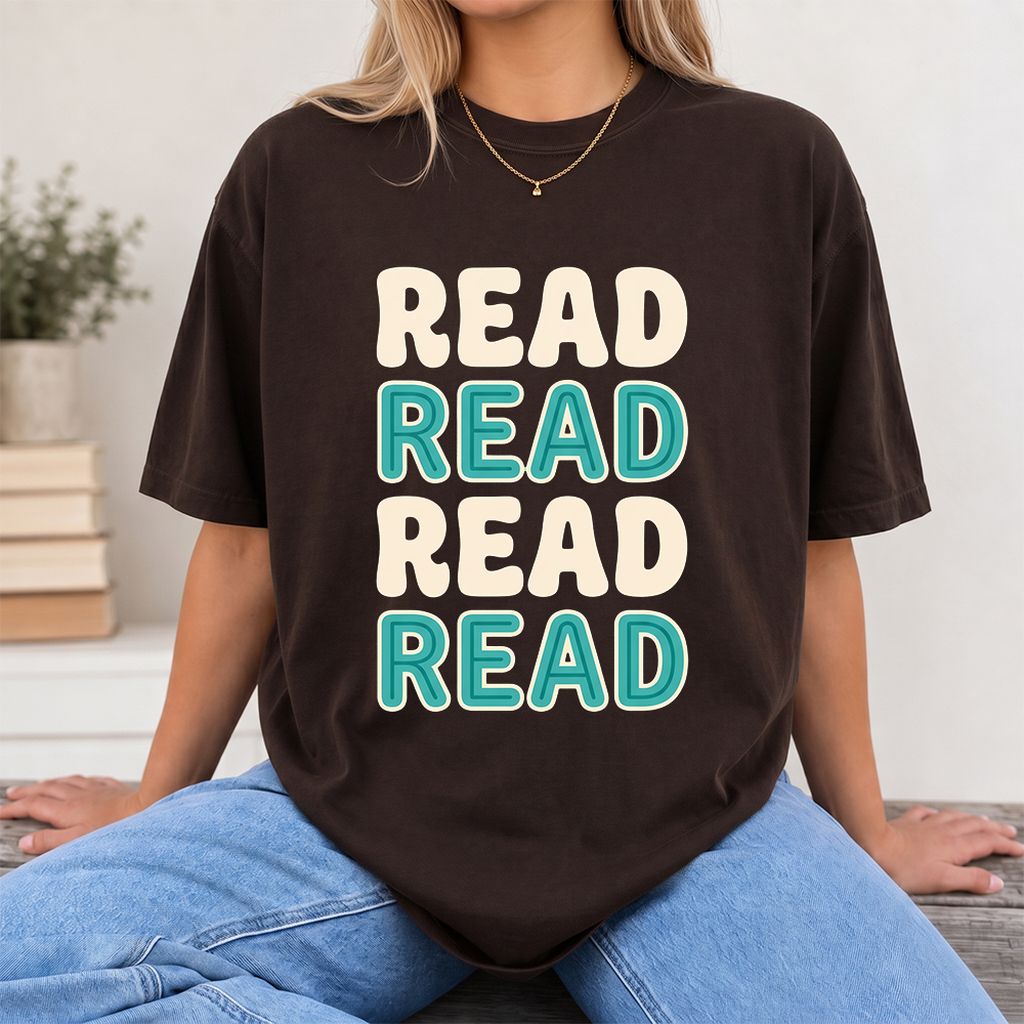 Read Read Read Read Printed T-Shirt | Simple Book Lover Gift Dark Chocolate