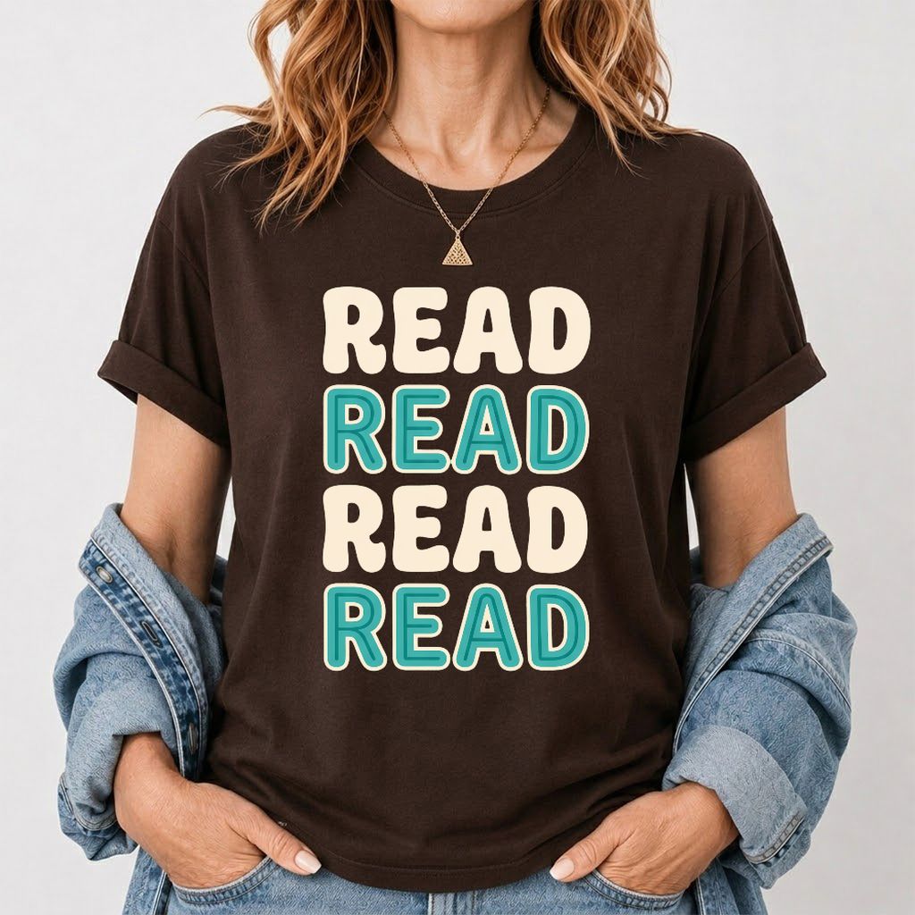 Read Read Read Read Printed T-Shirt | Simple Book Lover Gift Dark Chocolate
