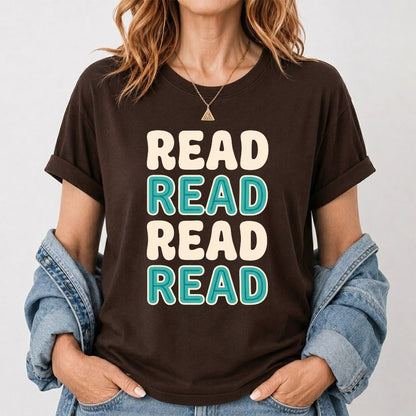 Read Read Read Read Printed T-Shirt | Simple Book Lover Gift Dark Chocolate