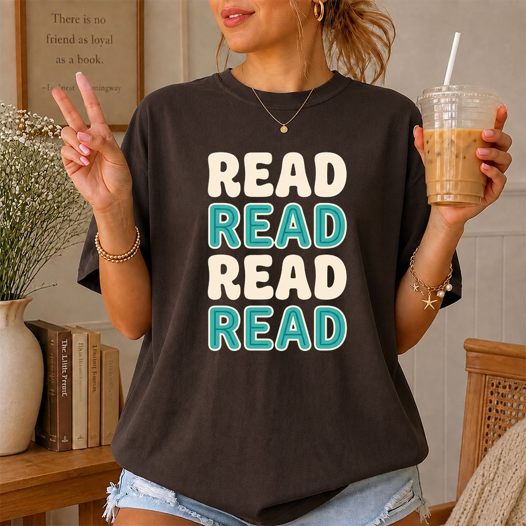 Read Read Read Read Printed T-Shirt | Simple Book Lover Gift Dark Chocolate