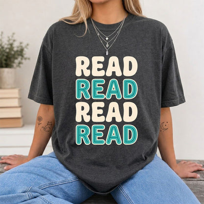 Read Read Read Read Printed T-Shirt | Simple Book Lover Gift Dark Heather